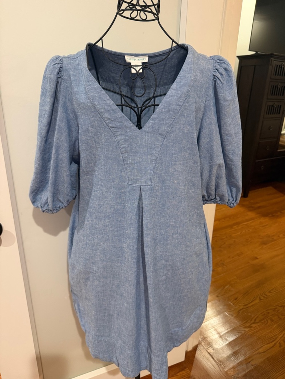 Cynthia Rowley Chambray Blue V-Neck Puff Sleeve Dress